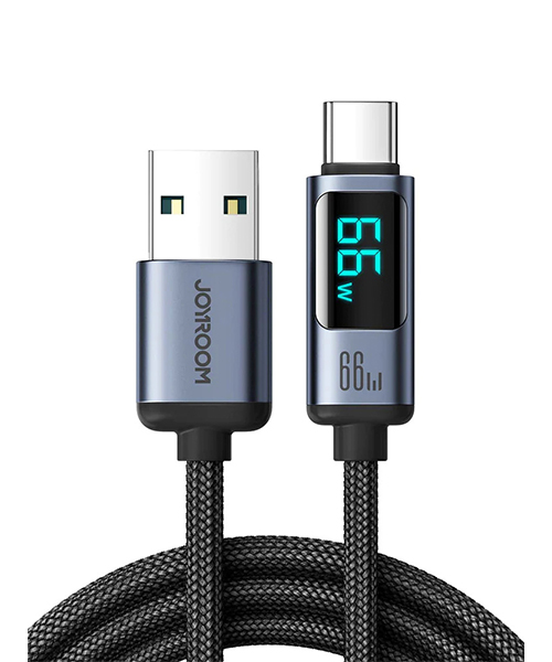 كيبل شحن سريع جوي روم S-AC066A16 من سلسلة بريزم بقدرة 66 وات (USB-A إلى Type-C) مع شاشة رقمية لعرض الشحن - بطول 1.2 متر - أسود