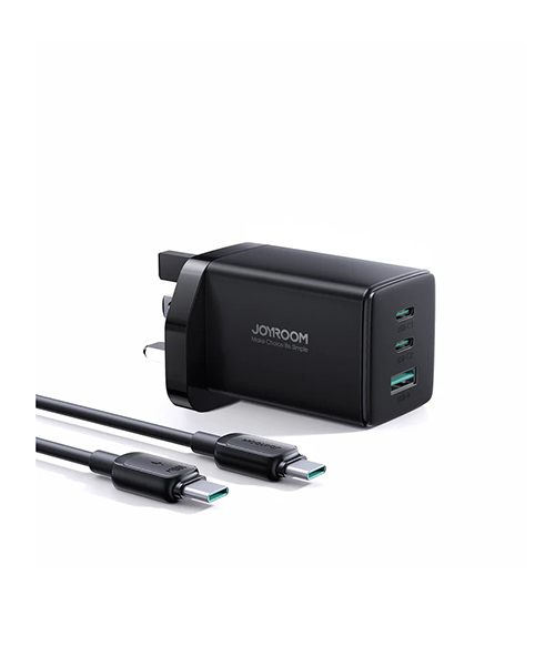 شاحن سريع جوي روم GaN Ultra TCG01 65W مع 2C1A + كابل Type-C إلى Type-C 100W 1.2م - أسود