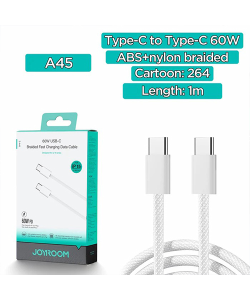 كابل JOYROOM S-A45 المضفر من سلسلة Ben بقدرة 60 واط (Type-C إلى Type-C) بطول 1 متر – أبيض