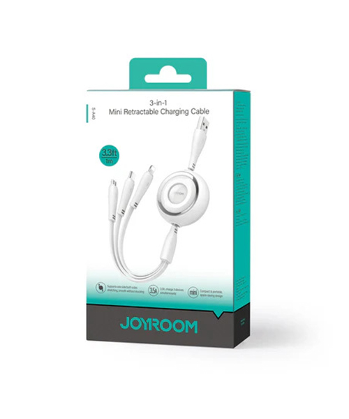 كابل شحن JOYROOM S-A40 من سلسلة Colorful بقدرة 3.5A، كابل شحن 3 في 1 قابل للسحب، بطول 1 متر – أبيض
