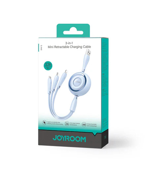 كابل شحن JOYROOM S-A40 من سلسلة Colorful بقدرة 3.5A، كابل شحن 3 في 1 قابل للسحب، بطول 1 متر – أزرق