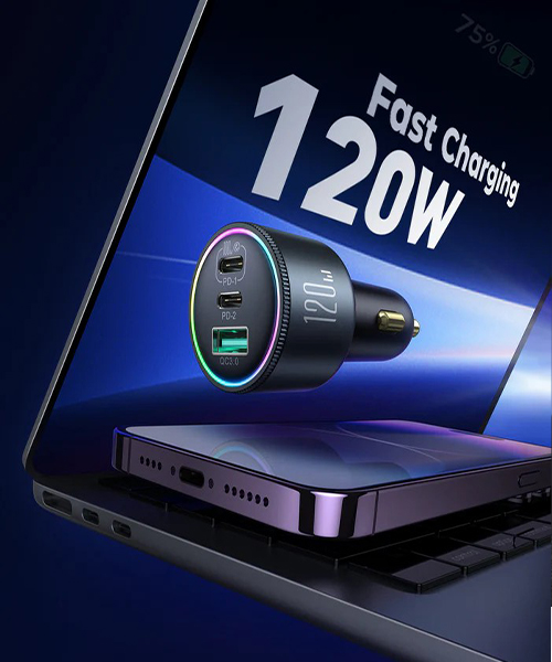 شاحن سيارة JOYROOM JR-CCN07 120W 3 منافذ (2PD+1QC3.0) - رمادي داكن (مع كابل C إلى C 100W)