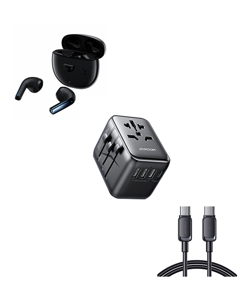 باقة JOYROOM للسفر: سماعات JR-PB1 اللاسلكية + محول السفر العالمي JR-TCW01 + كابل بيانات S-A14 بقوة 60 واط – أسود