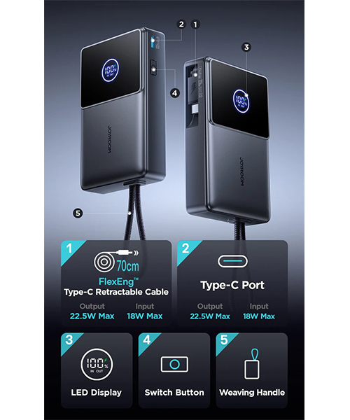 باور بنك مع الكيبل القابل للسحب JOYROOM JR-PR1 بسعة 10000 مللي أمبير في الساعة