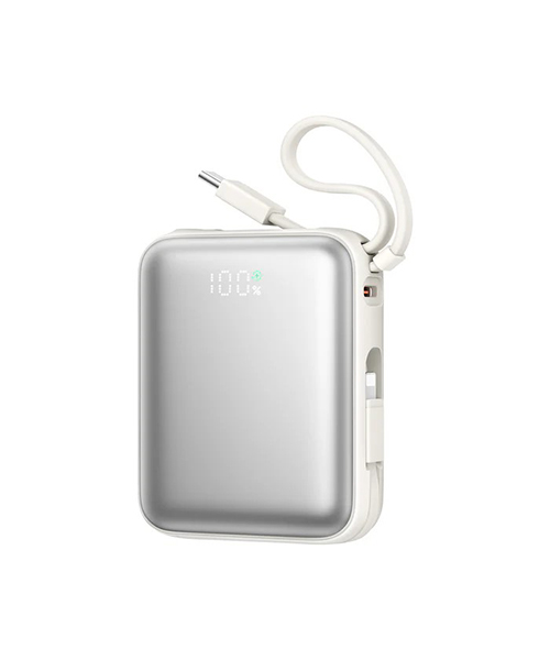 بطارية JOYROOM JR-PBF27 صغيرة محمولة 10000mAh مع كابلين مدمجين 22.5 واط – أبيض