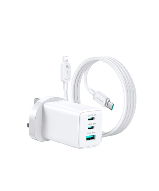 شاحن جوي روم JR-TG10 GaN بقدرة 65 واط (مقبس بريطاني UK) مع كابل Joyroom A14 USB-C إلى Lightning بقدرة 30 واط وطول 1.2 متر – أبيض